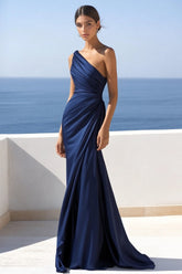 Einschulteriges Marineblaues Meerjungfrauen Ballkleid mit Rüschen